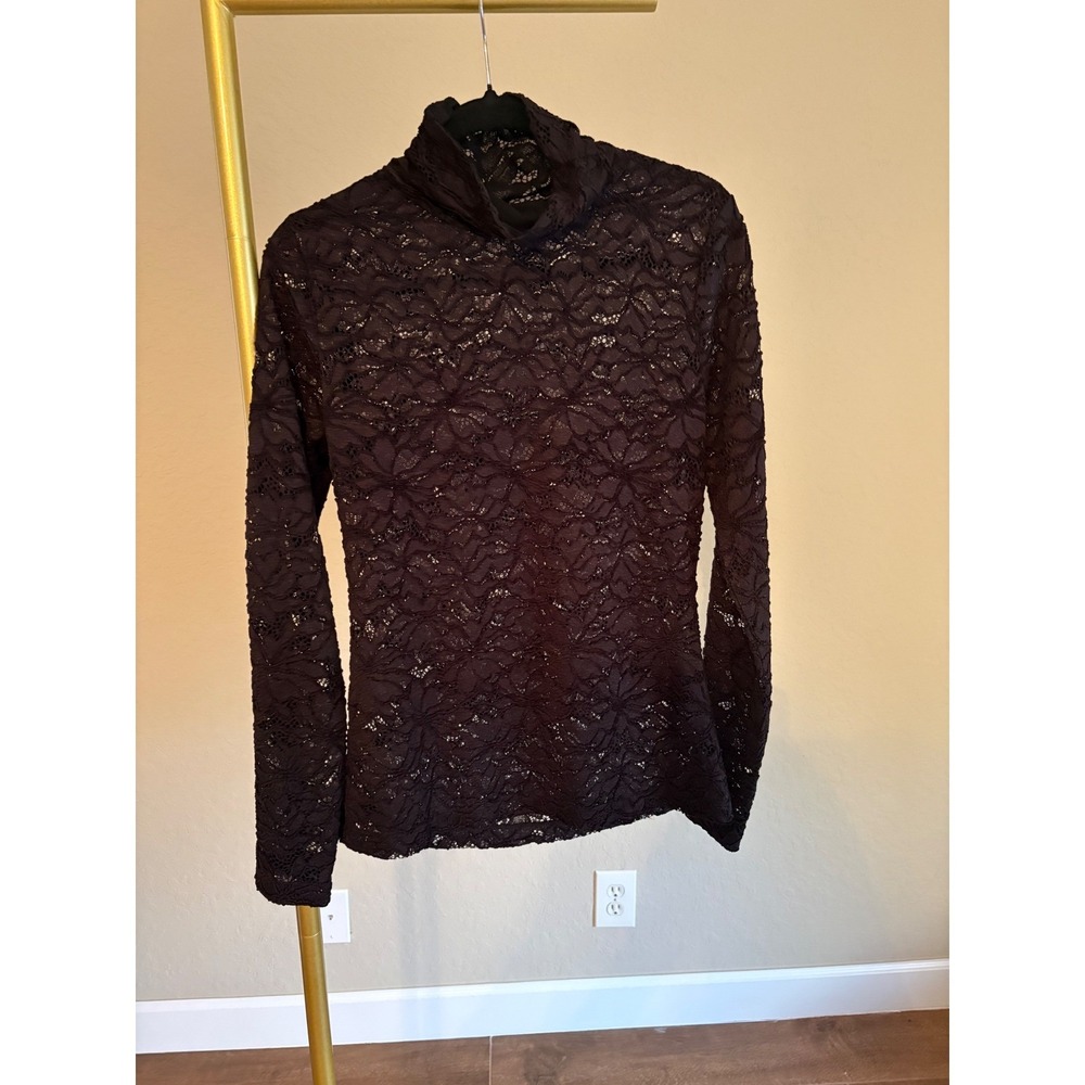 WHBM Top Black Floral Lace Mock Neck Long Sleeve M Whimsigoth Dark Romantic